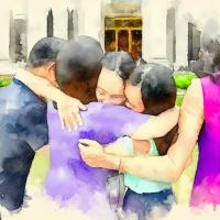A family hugging each other outside a courtroom, watercolor